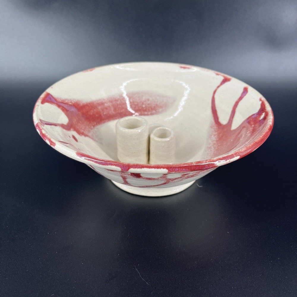 Studio Art Pottery Bowl Glazed 3 Three Stem Flower Frog Ikebana Vase Signed